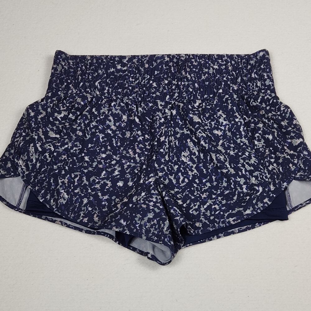 Avia Blue Abstract Print 2-in-1 Running Shorts M High Rise Smocked Waistband